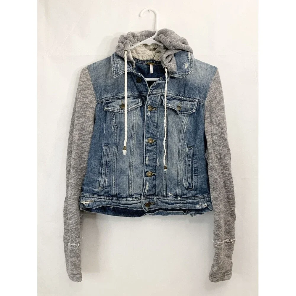 Free People Blue Denim Jacket XS X Small 17” Sweat Hoodie Sleeves Distressed